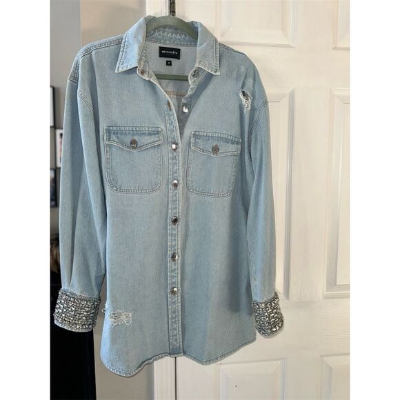 Retrofête Women's M Blue Denim Rhinestone Cuff Button-Up Shirt M - Picture 11 of 14
